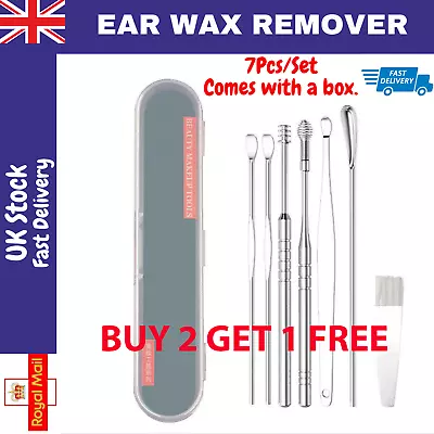 👂 7X Stainless Steel Ear Wax Removal Tool Kit Ear Pick Set Curette Spoon Set UK • £3.49