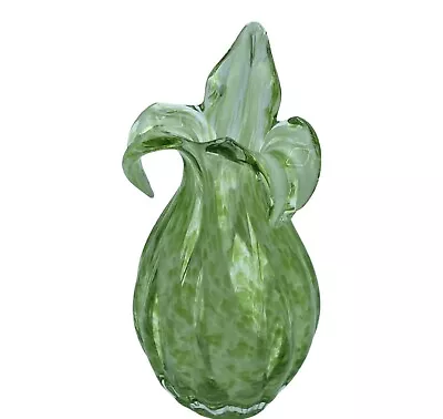Vintage Art Glass Green White Swirl 9” Tulip Stretched Vase Jack In The Pulpit • $39.99