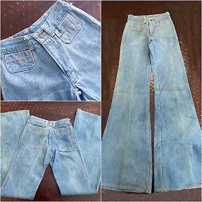 Vintage 70s Wide Bell Bottom Denim Jeans Chemin De Fer Disco/Hippie XXS • $200