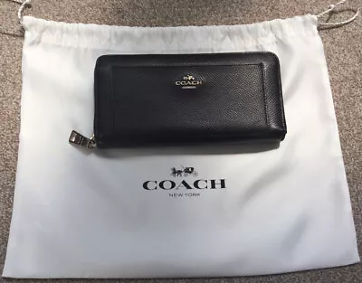 Coach Pebble Leather Black Zip Around Purse Wallet Designer Card Slots Dust  Bag • £39