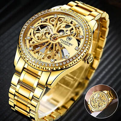 Men's Automatic Mechanical Wrist Watch Stainless Steel Gold Tone Skeleton Luxury • $21.98