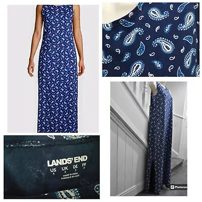 Lands End Blue Paisley Maxi Dress Double Side Split Size Small • $23.61