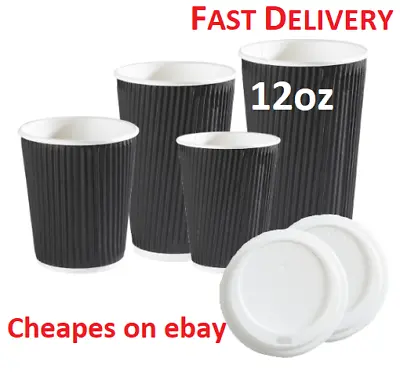 12oz Insulated Ripple Paper Cups Coffee Cup Black Cups With Lids Disposable Cups • £8.90