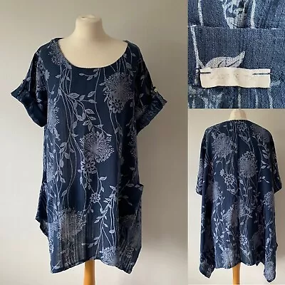 Made In Italy Blue Floral Lagenlook Top Tunic Dress Linen Cotton Blend One Size • £7.99