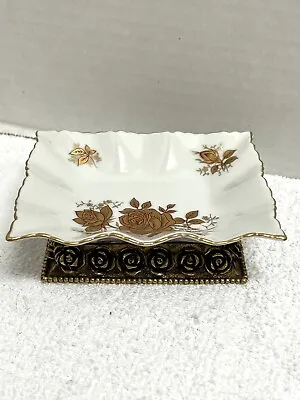 Vintage Soap Dish Hollywood Regency Gold Roses Ceramic Metal Heavy Ex Cond • $11.99