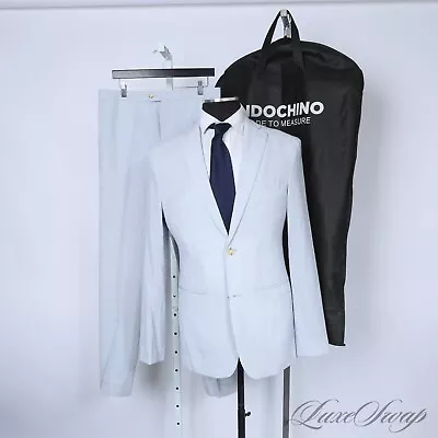 MODERN Indochino Custom Made Topaz Blue White Puckered Seersucker Summer Suit NR • $13.50