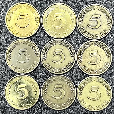 GERMANY COINS ~ 5 Pfennig ~ 9 Random Coins ~ 1950s-90s ~ 🇩🇪 BEAUTIFUL! 🇩🇪 • $14.99