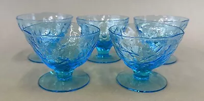 Morgantown Crinkle Blue Sherbet Champagne Glasses (set Of 5) 4 Oz. 2 7/8  Tall • $28