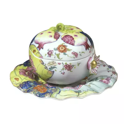 Mottahedeh Porcelain 'Tobacco Leaf' Pomegranate Box With Lid & Underplate New • $849.99