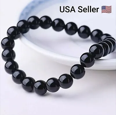 Beaded Bracelet 8mm Natural Stone Beads Men's Gorgeous Semi-Precious Black Onyx • $4.49