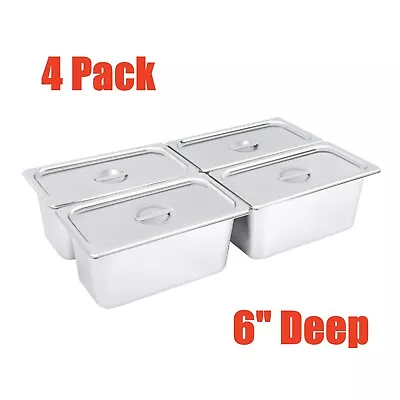 4 Pack 6  Deep Stainless Steel Steam Table Pans Hotel Food Prep Pan With Lids  • $51