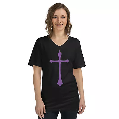 Purple Gothic Medeival Holy Cross Unisex Short Sleeve V-Neck T-Shirt • $27.67
