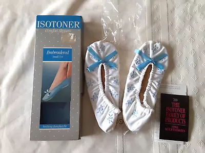 Vintage NOS  Isotoner Slippers White Small 5-6 Embroidered Ballet Leather Sole • $12.89