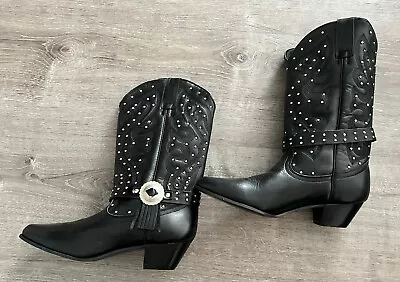 Oak Tree Farms Western Cowboy Boots Womens Size 9.5 Black Leather Studded Fringe • $44.95