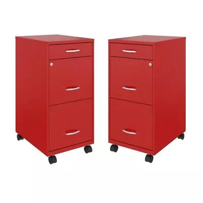 Home Square 3 Drawer Mobile Metal Filing Cabinet Set In Red (Set Of 2) • $226.40