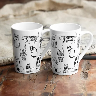 Set Of 2 Tall White Latte Mugs Cat Print Large 400ml Plain Porcelain Coffee Cups • £20