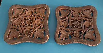 2 Vintage Hand Carved Wooden Trivet Hot Plate Stand Made In India 6  X 6  • $18.99