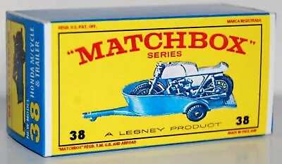 Matchbox Lesney No 38 HONDA MOTORCYCLE & TRAILER Repro  Empty Box Style E • $7.38