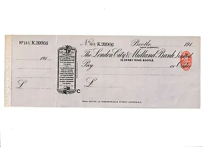 Lqndon City  &  Midland  Bank Unused  Cheque  191-  Bootle • £5