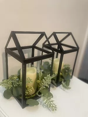 Black Metal Lantern W Candles & Holder - Christmas Holiday Or Wedding Decor • $19.98