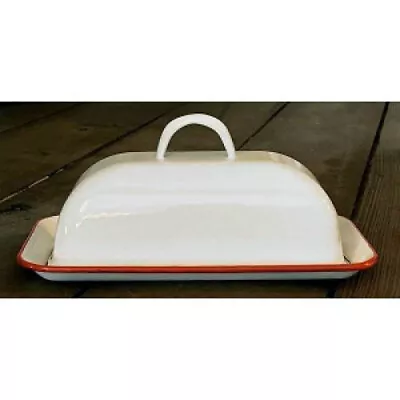 Enamelware White COVERED BUTTER DISH With RED Trim - Farmhouse - Retro Look • $18.94