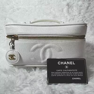 CHANEL CC Vanity Hand Bag Caviar Leather White Gold France Vintage • $622.99