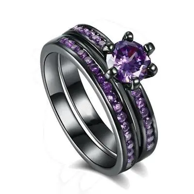 Purple Cz Couple Rings Black Titanium Steel Mens Ring Women's Wedding Ring Set • $8