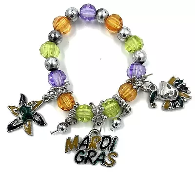 Mardi Gras Bracelet Crystal Jewels And Charms Costume Jewelry  Elastic PGG 09 • $6.95