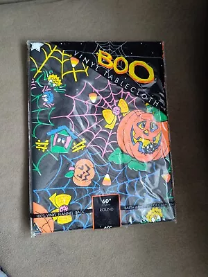 Vtg Barth & Dreyfuss HALLOWEEN Vinyl Tablecloth 60  Round Flannel Back Pumpkins! • $22.99