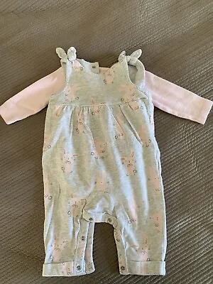 Mothercare Baby Girl Easter Outfit 3-6 Months Dungarees Bunny Pink Grey • $5.04