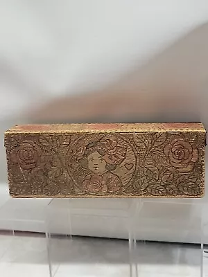 1900s Flemish Art Pyrography Wood Red Rose And Girl Hinged Box Grammes & Sons • $17.99