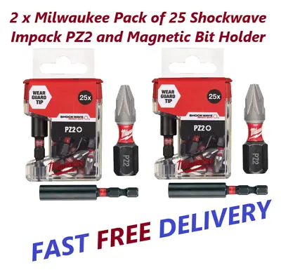 2 X ( Milwaukee  25x Shockwave Impact PZ2 Bits Plus Magnetic Bit Holder) • £26.99