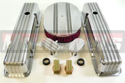 SBC Chevy Nostalgic Aluminum Fin Tall Valve Covers 12  Washable Air Cleaner Kit  • $258.98