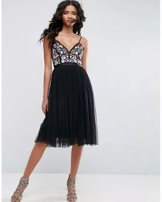 Needle And Thread Dress Whiser Black Embellished Tulle Skirt Midi SIZE UK 10 • £59