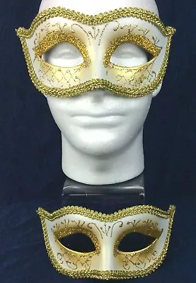 Venetian Mask Lot Of 2 White Gold Trim Elastic Band Mardi Gras Carnival Costume • $12.87