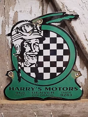 Vintage Indian Motorcycle Porcelain Sign Harrys Motors Dealer Veribrite Denver • $130.29