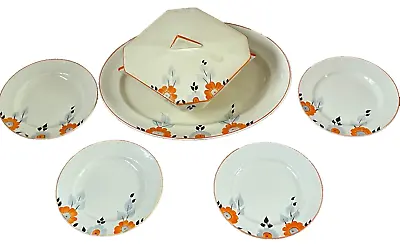 PALISSY ART DECO Hand Painted Vintage 6 Piece Meat Bowl And Plate Set • £45