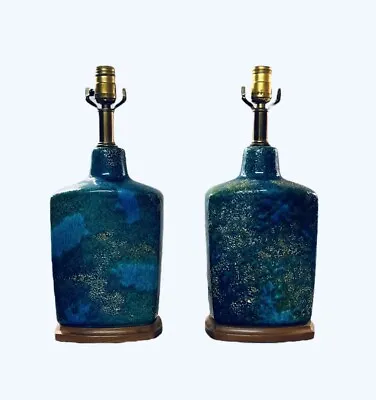 Vintage Pair (2) Mid Century Ceramic Pottery Atomic Blue Green Drip Glaze Lamps • $949.95