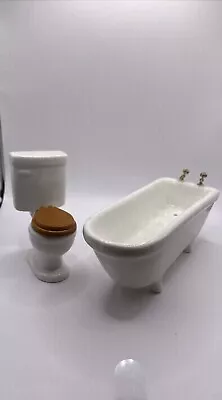 VTG Miniatures Dollhouse Porcelain Toilet And Bathtub Tub Bathroom Set • $14.53