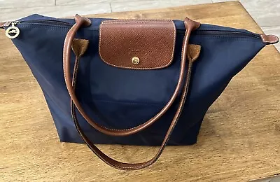 Longchamp Le Pliage Tote Shopping Bag Blue Modele Depose Nylon Brown Leather • $39.99