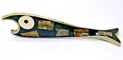 Vintage Alpaca Fish Shapped Bottle Opener Abalone Mother Of Pearl Inlaid Mexico • $24.99