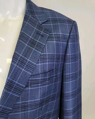 Blueburry Royal Blazer Mens 42L Royal Blue Plaid 100% Wool Jacket Sports Coat • $89.97