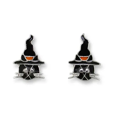 Zarah Petite Black Cat In Witch Hat Post Earrings Enamel Silver Plated Halloween • $19.99