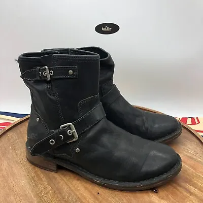 UGG Women's Fabrizia Boots Black Leather Biker Harness Boots Size 6.5 1001661 • $53.09