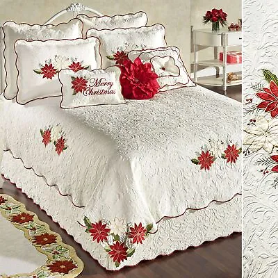 Poinsettia Matelasse Oversized Coverlet Set Christmas Holiday Bedroom Linens • $269