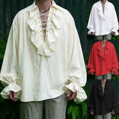 Men's Pirate Steampunk Victorian Renaissance Medieval Dirty White Shirt Top • $24.15