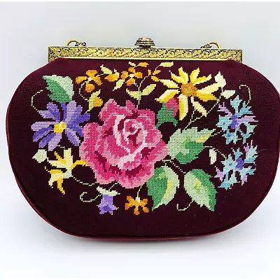 VTG Burgundy Floral Needlepoint Bag Purse Clutch & Coin Purse 1960s Handmade • $99