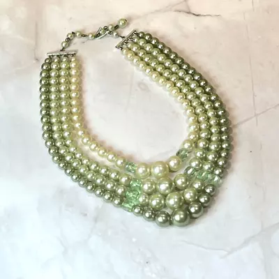Vintage Four Strand Pearl Necklace & Beads Green Signed Japan Adjustable • $17