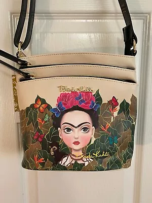 $49 • Buy Authentic FRIDA KAHLO Jungle Theme Multi Compartment Crossbody Bag CREAM & BLACK
