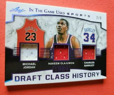 Michael Jordan Charles Barkley Hakeem Olajuwon 3 Game Used Jersey Card #2/8 Leaf • $299.95